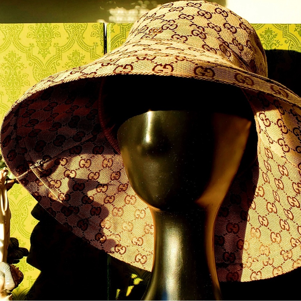 Monogram Bucket Hat Wide Large Brim Beige Canvas Jacquard Sun Tan Coverage New - Picture 2 of 16